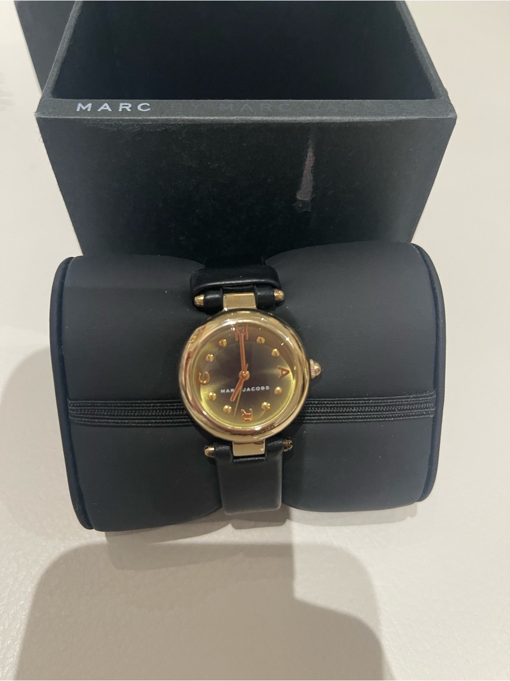 Marc Jacobs Black Leather Strap Watch with Gold Dial NEW WITH TAG